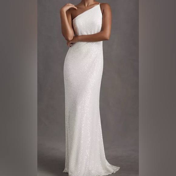 Anthro Jenny Yoo Collection | Zara One-Shoulder | Sequin Column Gown | 14 - Picture 1 of 10